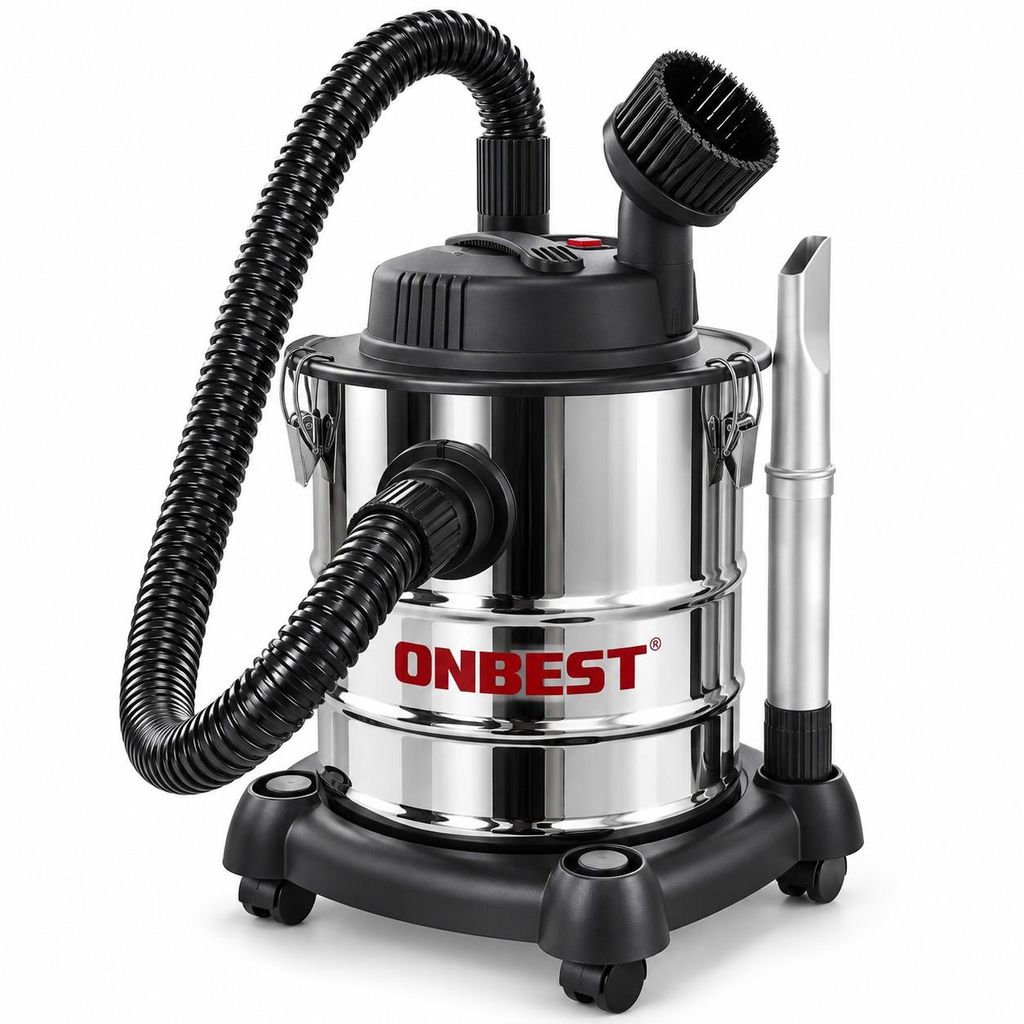 ONBEST AC1220 Aschesauger mit Edelstahlbehälter, Saugschlauch, Saugrohr und Rundbürste