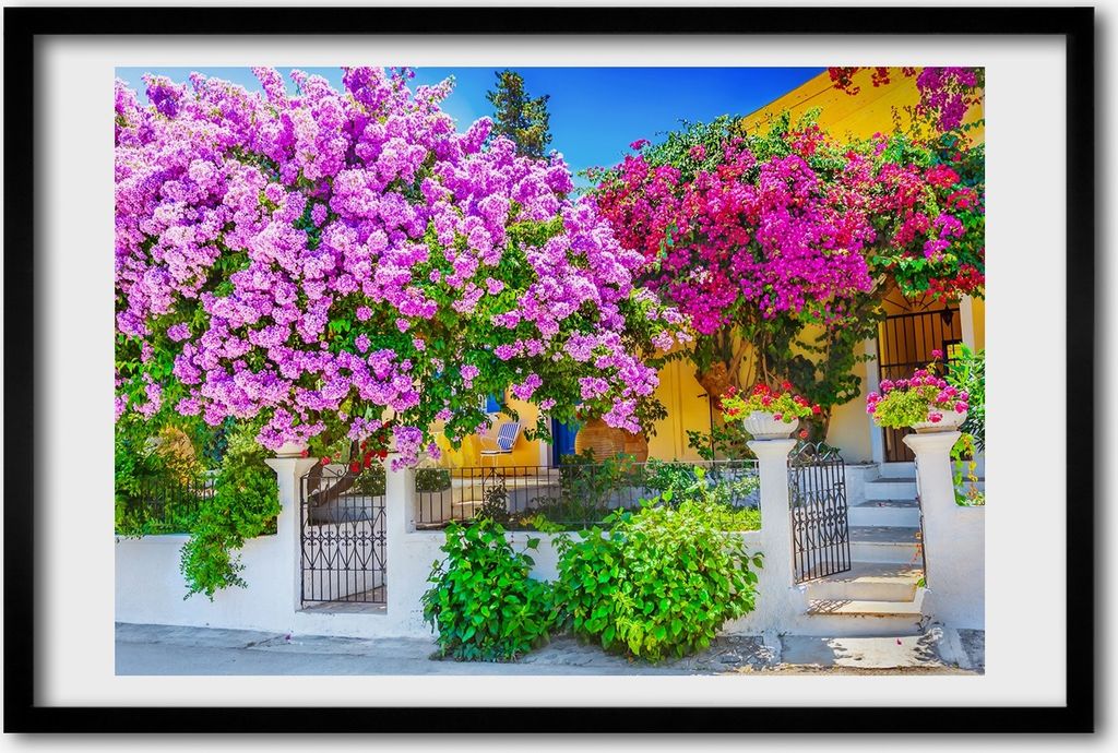 Bild 60x40 MDF-Rahmen, Wandkunst Haus mit Bougainvillea