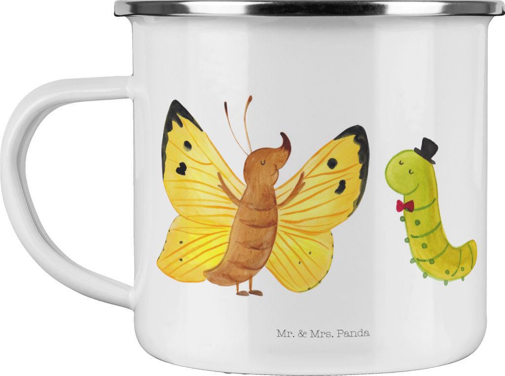 Mr. & Mrs. Panda Teetasse Raupe Schmetterling - Weiß - Geschenk, Haferl, Hütchen, Lustige Sprüche, Teebecher, Emaille Tasse, Zitronenfalter, Ent...