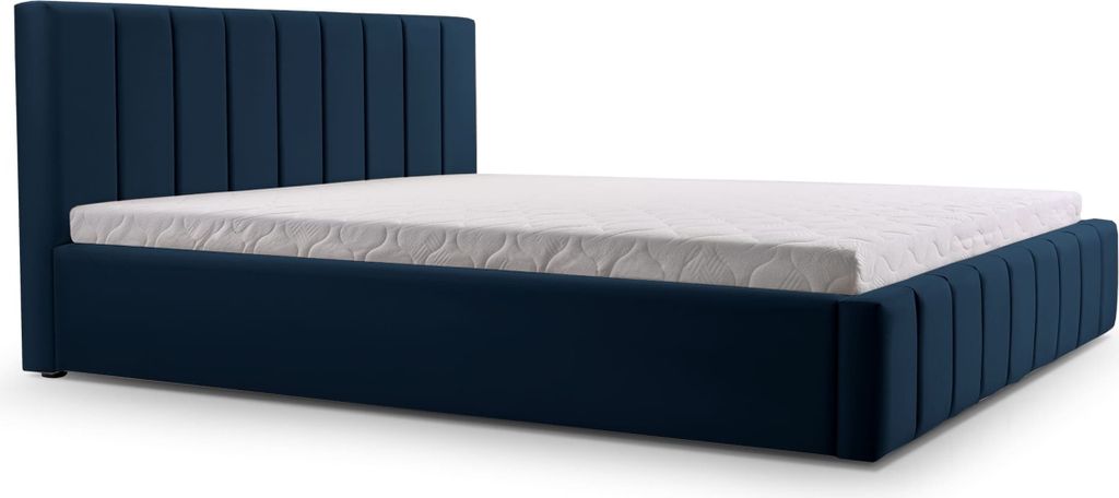 MOEBLO Polsterbett Bett 01 – Doppelbett mit Kopfstütze, Rahmenbettgestell, Bettkasten, Lattenrost und gepolstertem Kopfteil - 180x200 - Marine (...