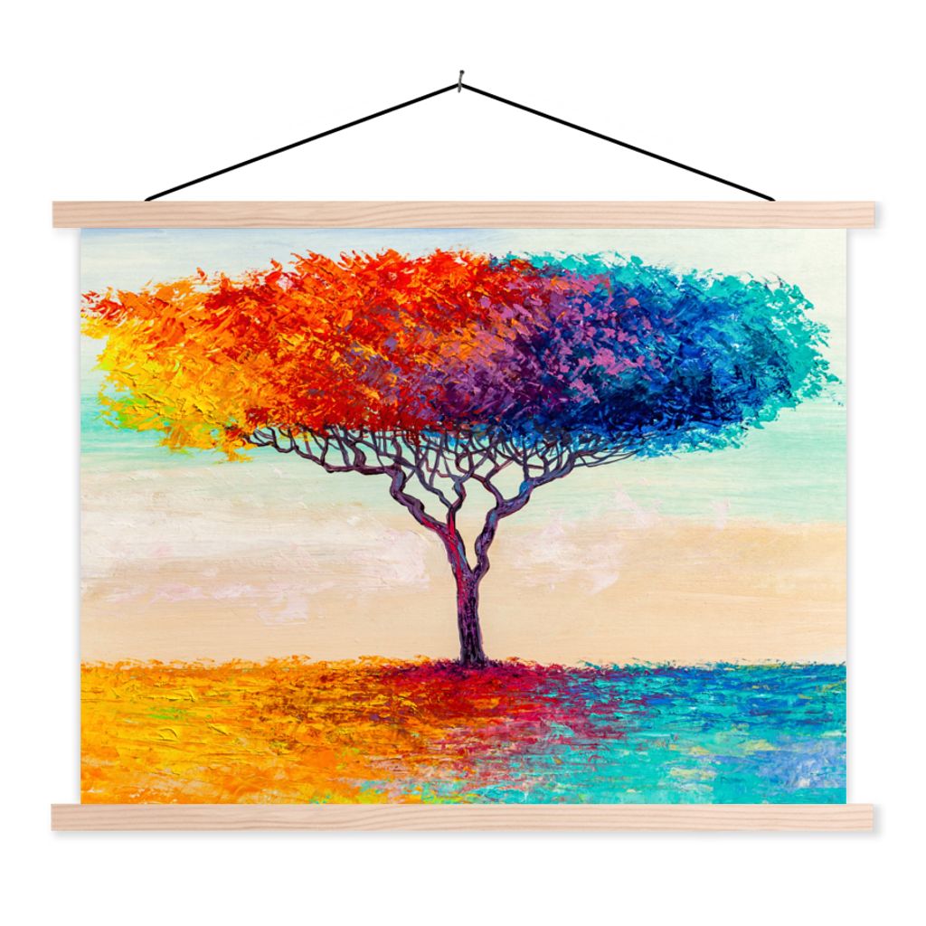 MuchoWow Textilposter Gemälde - Ölfarbe - Baum - Regenbogen 60x45 cm mit holzfarbenen Rahmen - Bild