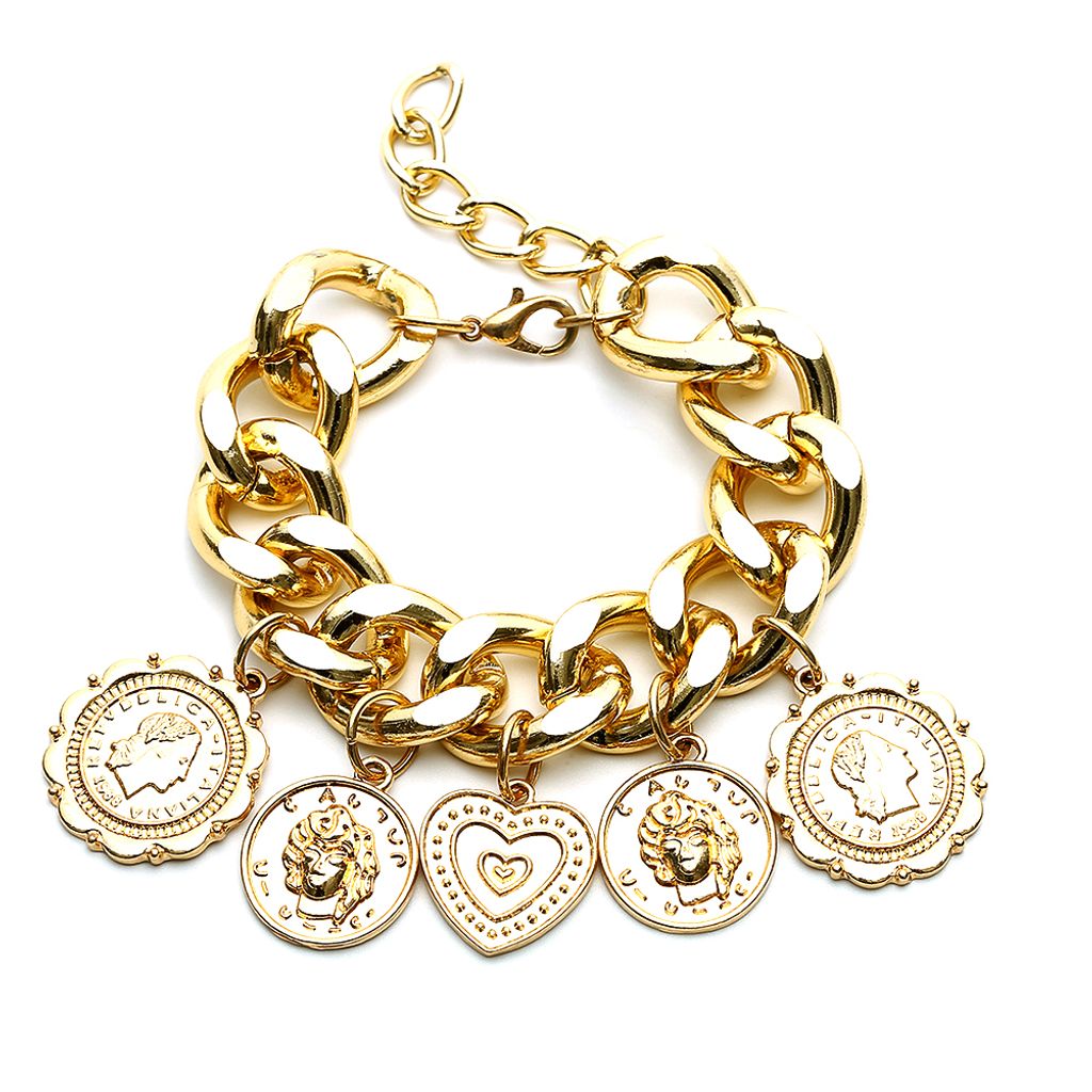 Hip-Hop-Frauen geprägte Münze Liebe Herz baumeln Anhänger Kette Armband Armreif-Golden