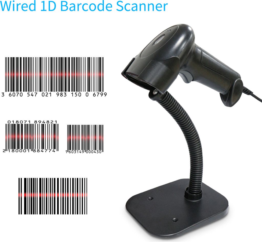 HS10 Barcodescanner 1D Handheld Scanner, Barcode-Leser mit Standunterstützung, Papiercode, kompatibel mit Windows Android Linux System