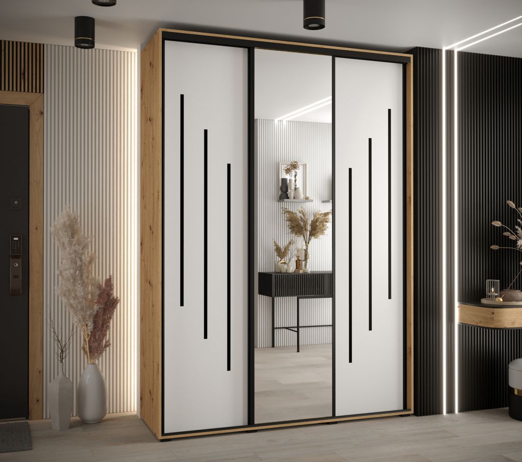 Kleiderschrank ASIRI 9 - 170/60 cm, Eiche handwerklich / weiß / schwarz