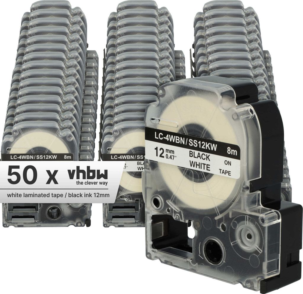 vhbw 50x Schriftband-Kassette kompatibel mit Epson LabelWorks OK900P, OK720 Etiketten-Drucker 8m x 12mm Schwarz auf Weiß