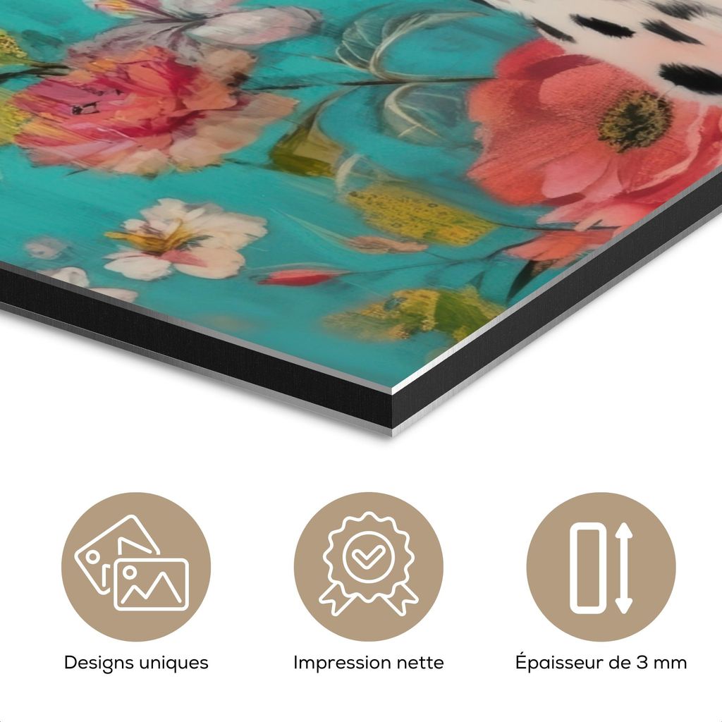 MuchoWow Wanddekoration Metall Metallbild Wandkunst 60x80 cm Leopard - Blumen - Krone MuchoWow Aluminium Gemälde - Wanddekoration Metall