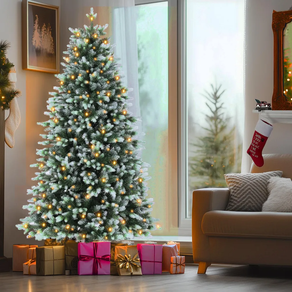 Sapin de Noël artificiel 183cm enneigé avec LED et pommes de pin réelles