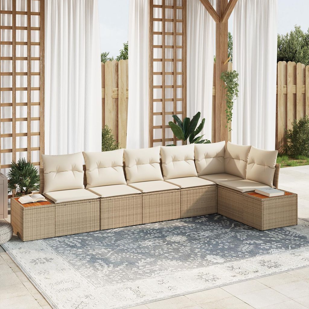 Cloris Gartenlounge Set 6-teiliges Garten Sofa Set mit Kissen Beige Poly Rattan Akazie - Terassenmöbel Gartenmöbel Design4910990