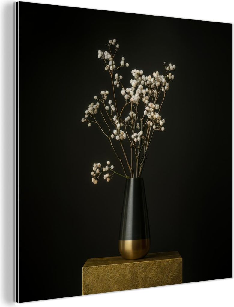 MuchoWow Wanddekoration Metall Metallbild Wandkunst 50x50 cm Blumenzwiebeln - Weiß - Vase - Minimalistisch MuchoWow Aluminium Gemälde - Alubild -...