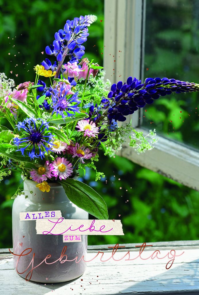 Geburtstag Karte mit Briefumschlag Blumen im offenen Fenster, mit roségoldener Metallicfolie