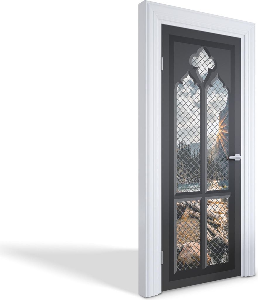 Türfolien Design Selbstklebende Wandsticker Türtapeten - Bergblick durch das Fenster - 75 x 205 cm