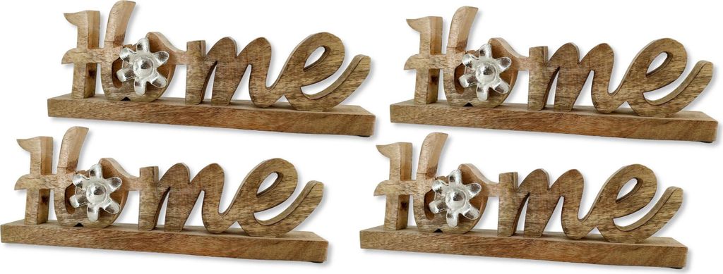 Holz und Metall Schriftzug Home 36 x 13cm 4 Stück mit Blume auf Sockel Tisch-Deko Wohndekoration