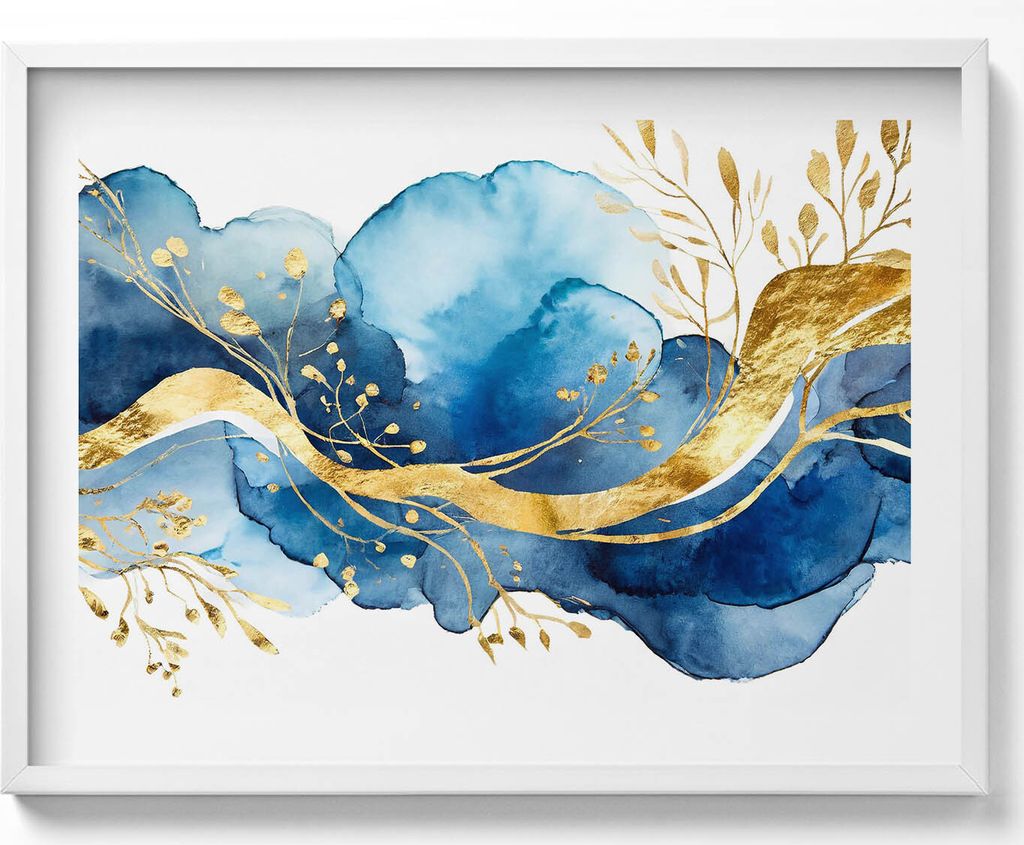 Abstraktion von goldenen Pflanzen auf blauem Hintergrund– Wandbild mit Rahmen – Gerahmtes Bild – Wanddekoration – 80x60 cm – Weiß Rahmen