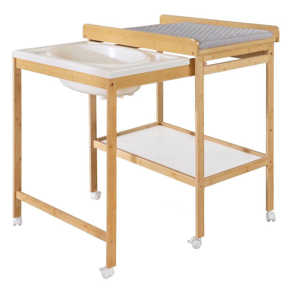 roba Bade Wickel Kombination + Wickelauflage Style grau - Mobiler Wickeltisch inkl. Badewanne - Kombi mit ausziehbarer Wickelfläche - Holz natur