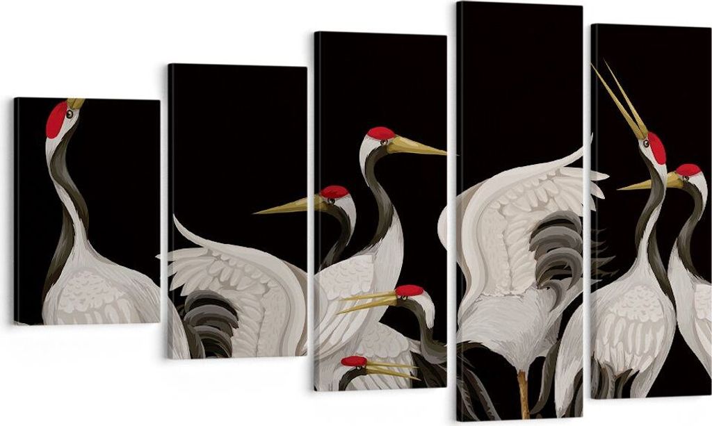 Bild auf Leinwand - Leinwandbild - 5 Teile - Kraniche Vögel Grafiken - 100x60cm - Wand Bild - Wanddeko - Wandbilder - Leinwanddruck - Bilder - Wan...
