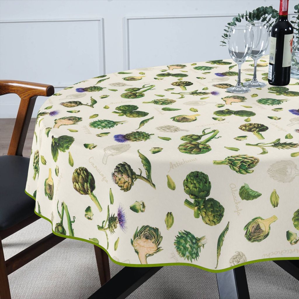 Tischdecke Artischocke aus Stoff mit Digitalprint Tischtuch EasyClean ACRYL Beschichtet Tischwäsche Digitaldruck Grün Oval 140x160cm mit Paspelband