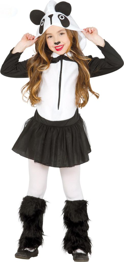 A young girl wearing a panda costume.