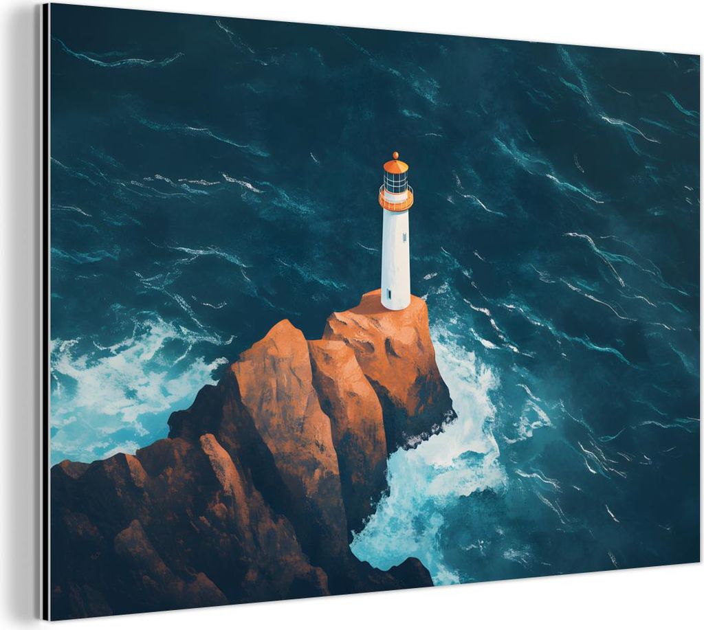 MuchoWow Wanddekoration Metall Metallbild Wandkunst 120x80 cm Leuchtturm - Felsen - Meer - Wellen MuchoWow Aluminium Gemälde - Alu Bild