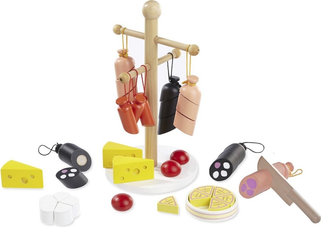 A wooden toy set of sausages and cheese, with a stand for hanging sausages.