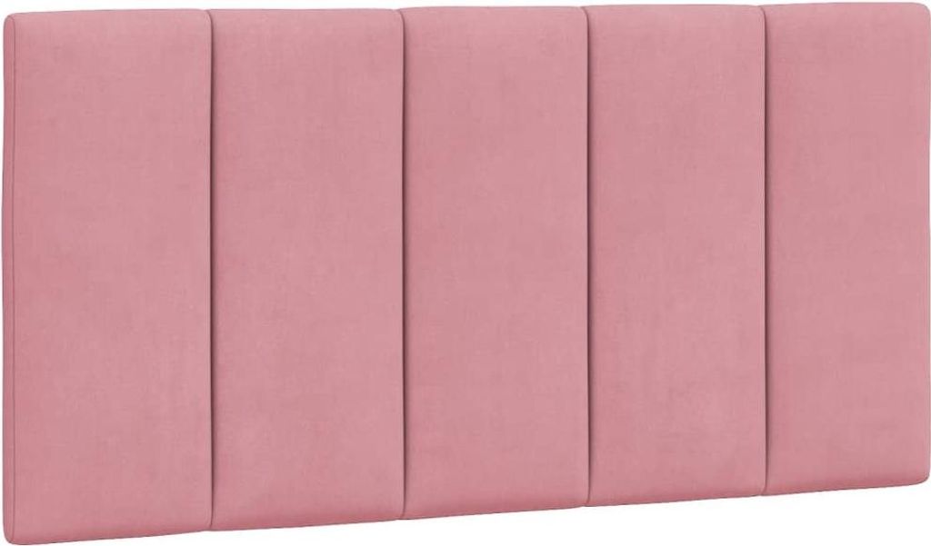A pink upholstered headboard with vertical stitching.