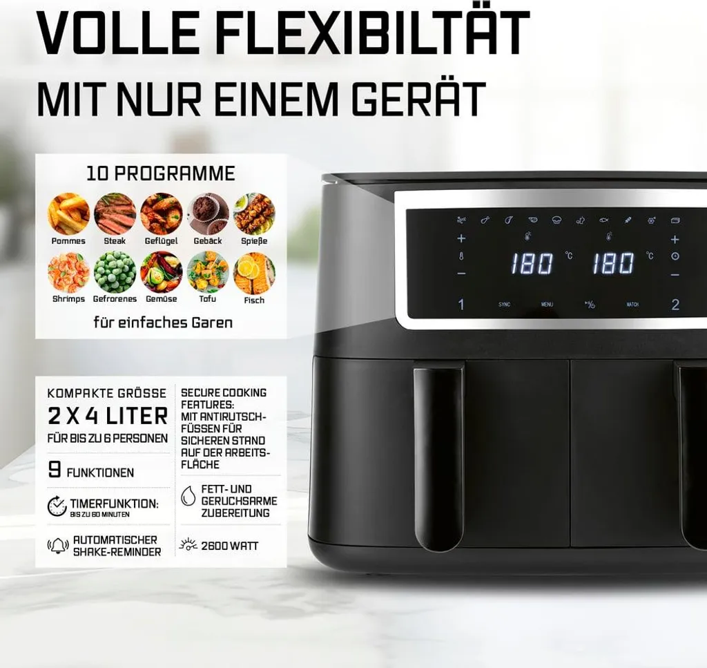 Recensione GOURMETmaxx Friggitrice Aria Doppia Camera 2x4L - 10 Programmi