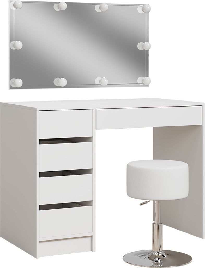 A white vanity table with a mirror and a stool, set against a white background.