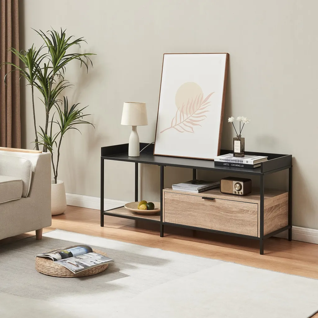Banc TV industriel Belana en bois et noir 120cm avec niches de rangement