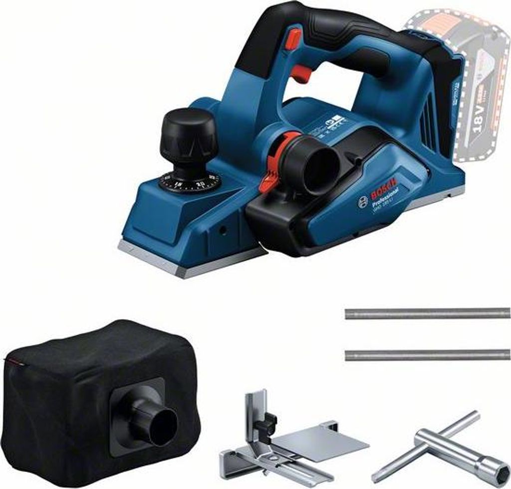 A Bosch Professional GHO 185-LI cordless planer and its accessories are displayed against a white background.