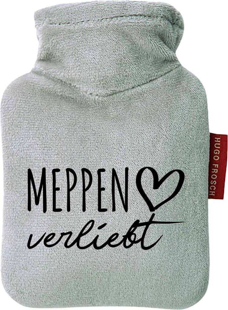 Huuraa Mini-Wärmflasche Meppen verliebt 0,2 Liter Grey Mini Veloursbezug Taschenwärmer Geschenkidee