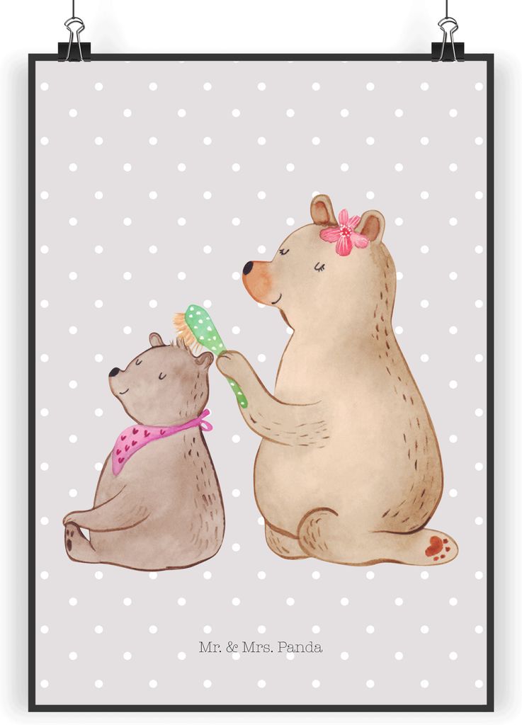 Mr. & Mrs. Panda Bild Bär Kind DIN A3 - Grau Pastell - Geschenk, Muttertag, drucke, Mutter, Mama, kunstposter, Wandbild, Plakat, wanddeko, Bären