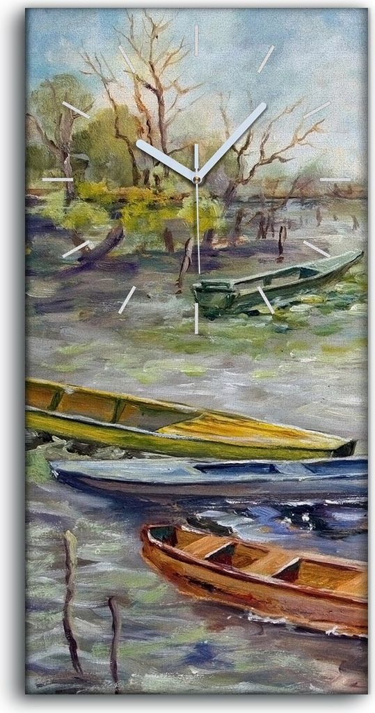 Wanduhr Bürouhr Leinwand Bild 30x60 Gemälde See Boote Bäume Produktbild 