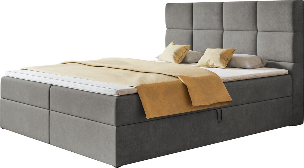 Boxspringbett ROMA mit 2 Bettkästen, Polsterbett Maße: 120x200, Farbe: Grau, Velourstoff, Doppelbett mit Bonell-Matratze