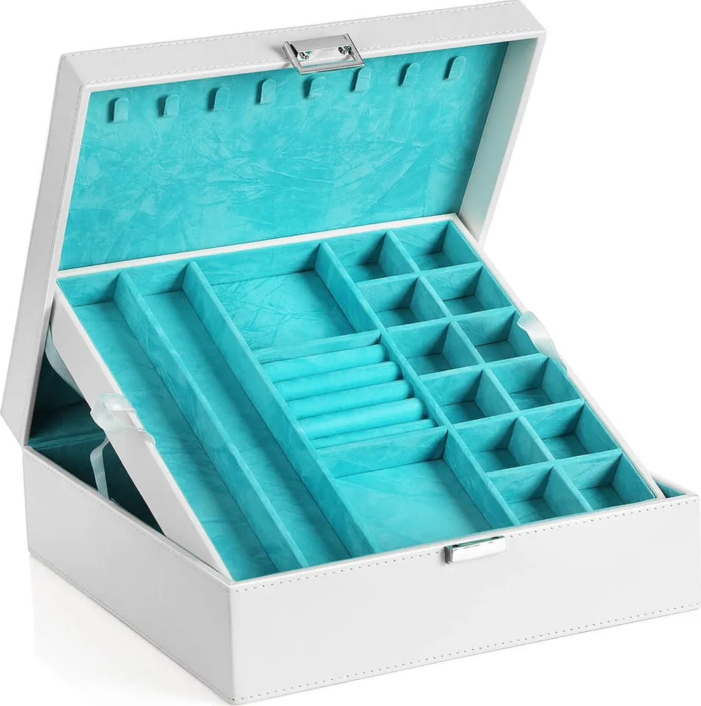 Coffret à bijoux discret en bois blanc - Écrin de rangement multi-niveaux