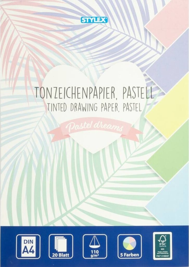 Tonzeichenpapier DIN A4 5 Pastellfarben 110 g/m² 20 Blatt Basteln Schneiden