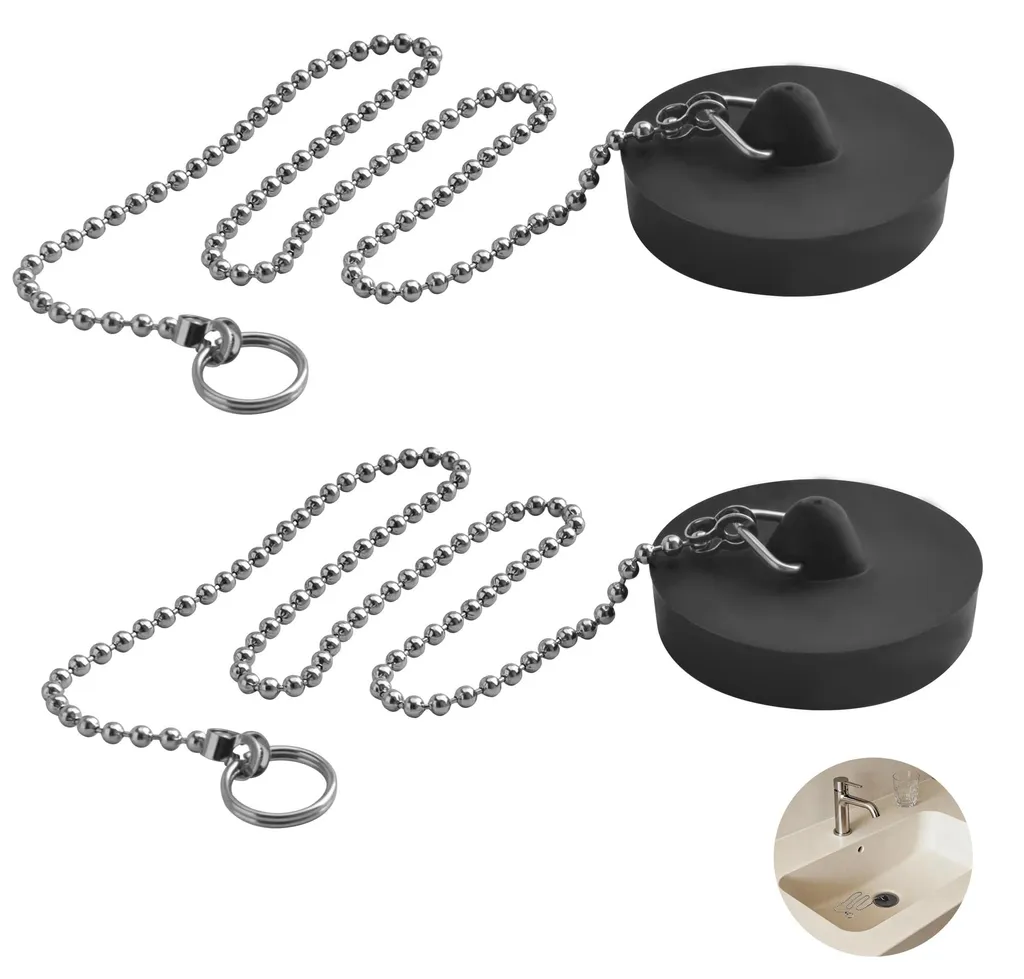 Bouchon de lavabo universel noir 45 mm avec chaînette de retenue inox