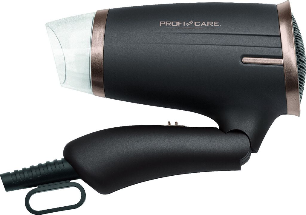 A black ProfiCare hair dryer with bronze accents is shown against a white background.