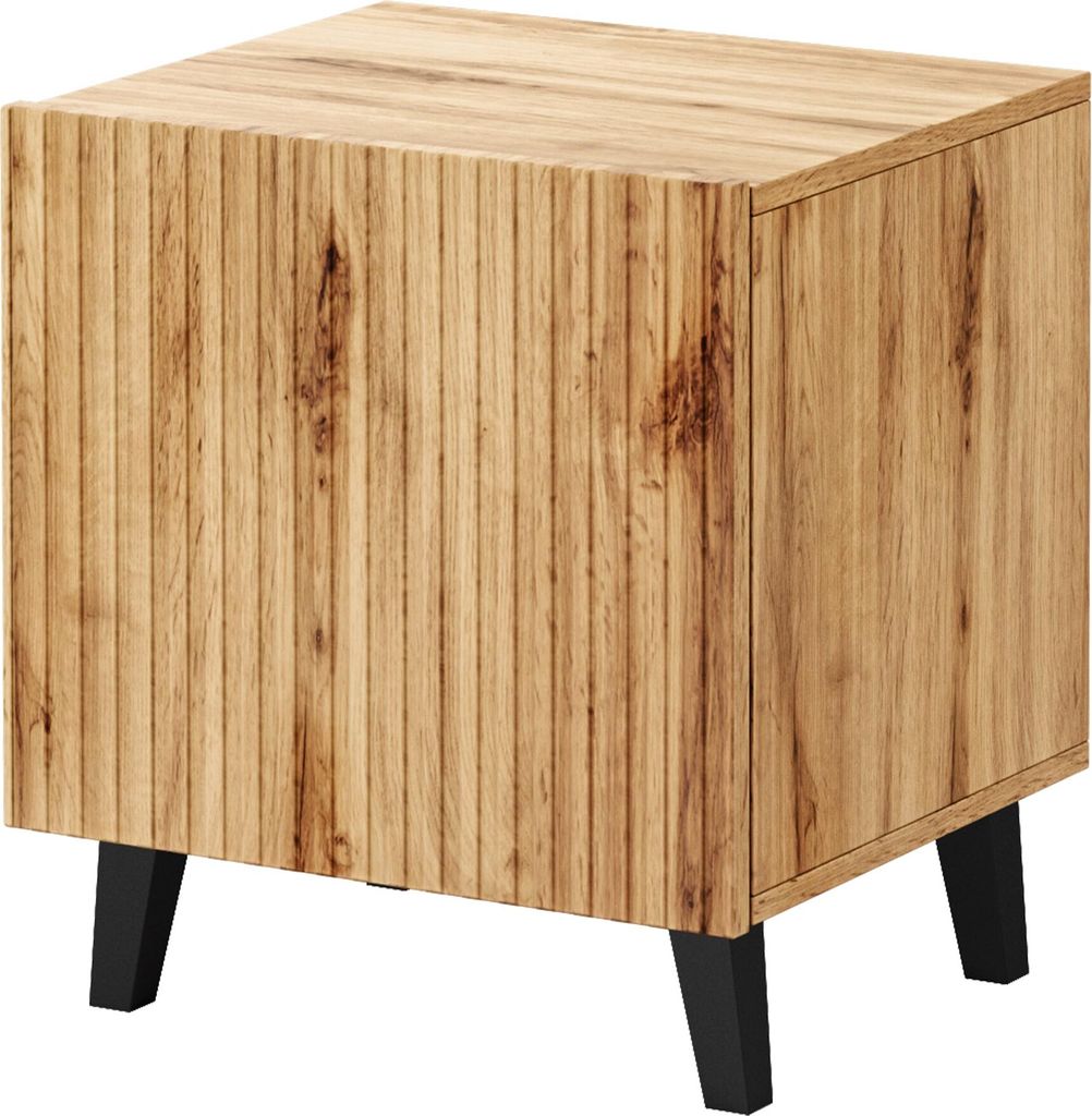 A wooden nightstand with black legs on a white background.