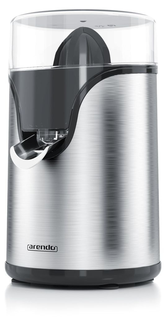 A close-up studio shot of a silver electric citrus juicer with a clear plastic lid and a black juicing cone.