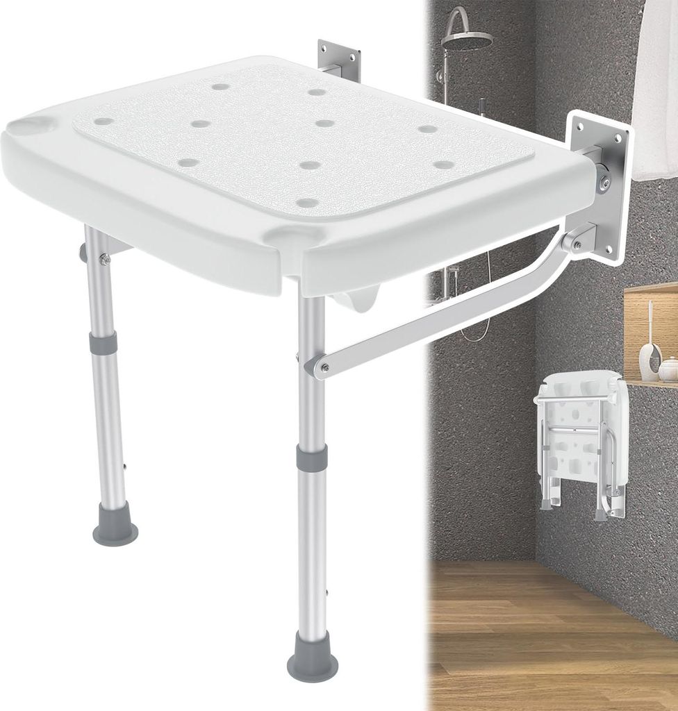 A white foldable shower seat mounted on a wall in a shower stall.