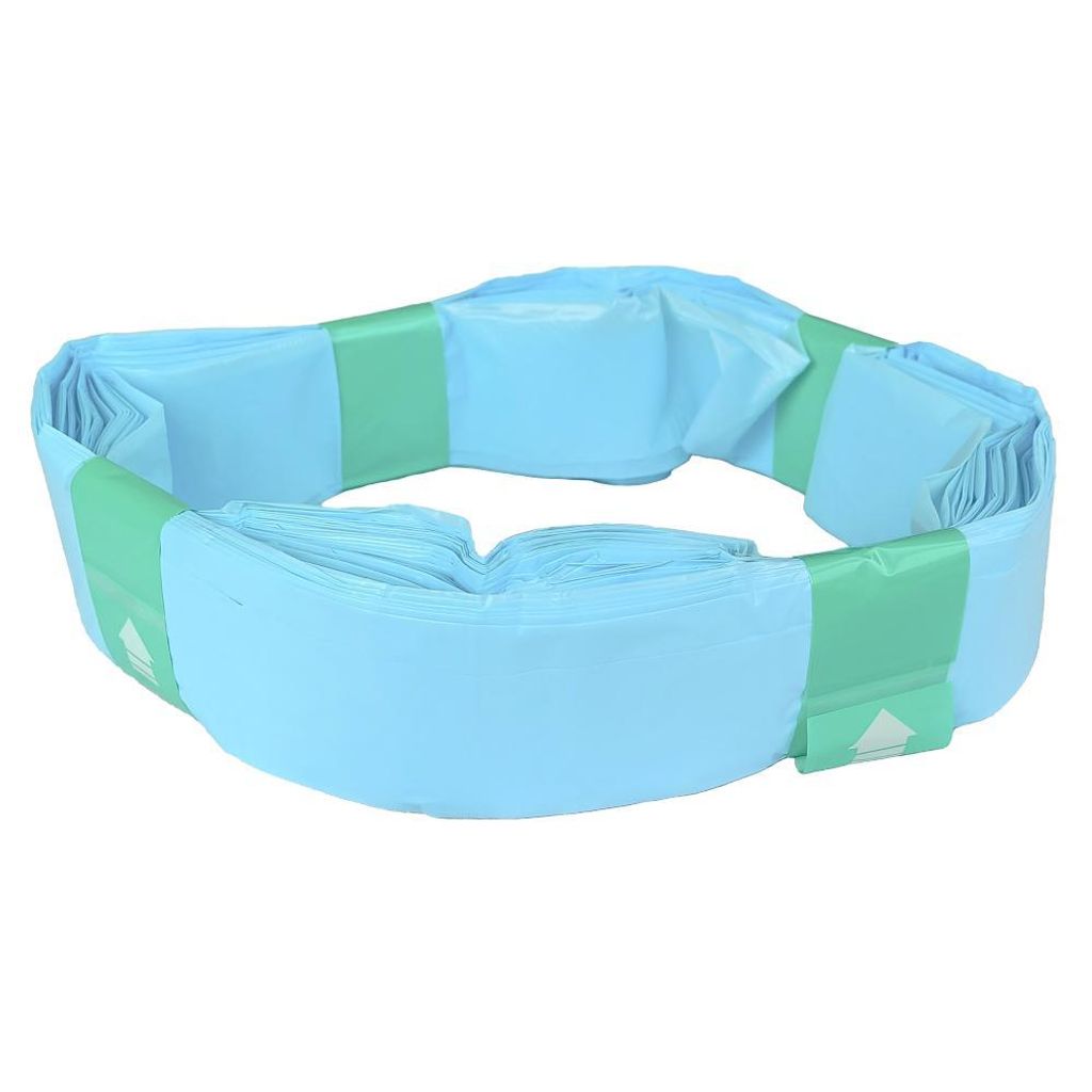 A roll of blue compostable liners with green bands.