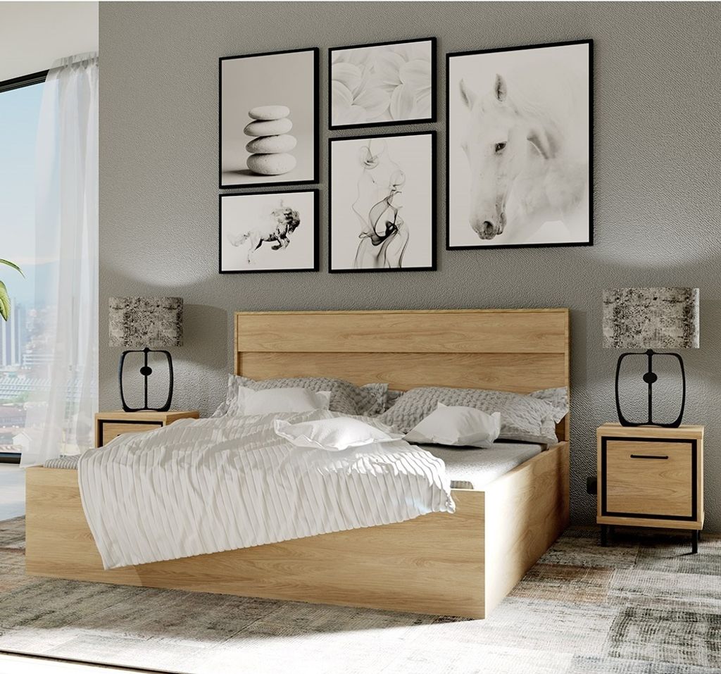 Doppelbett 140x200 cm mit 2 Nachttischen modern in Eiche MEGARA-161
