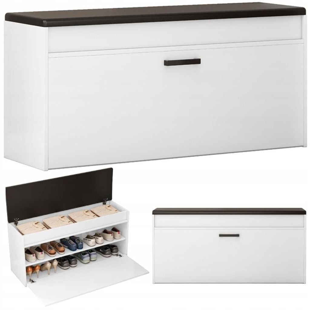 A collage of three images showing a white shoe cabinet with a dark top, displaying its closed and open states, and a close-up of its interior with shoes.
