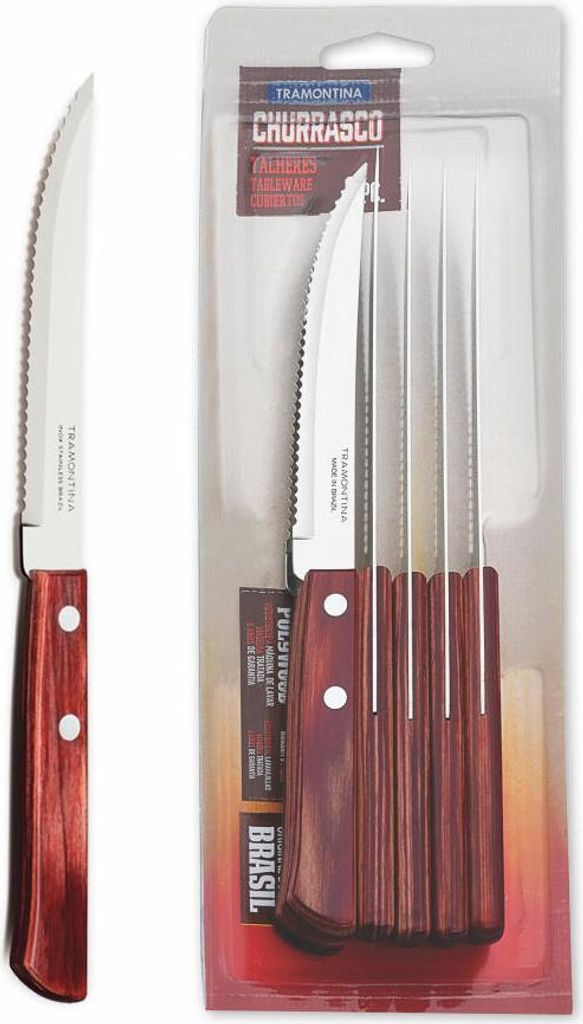 Tramontina STEAK-/PIZZA Messer, 6er Set, Steakmesser, Pizzamesser, Messer, Klinge 11.4 cm, Edelstahl / Holz, Rot, 21198/715