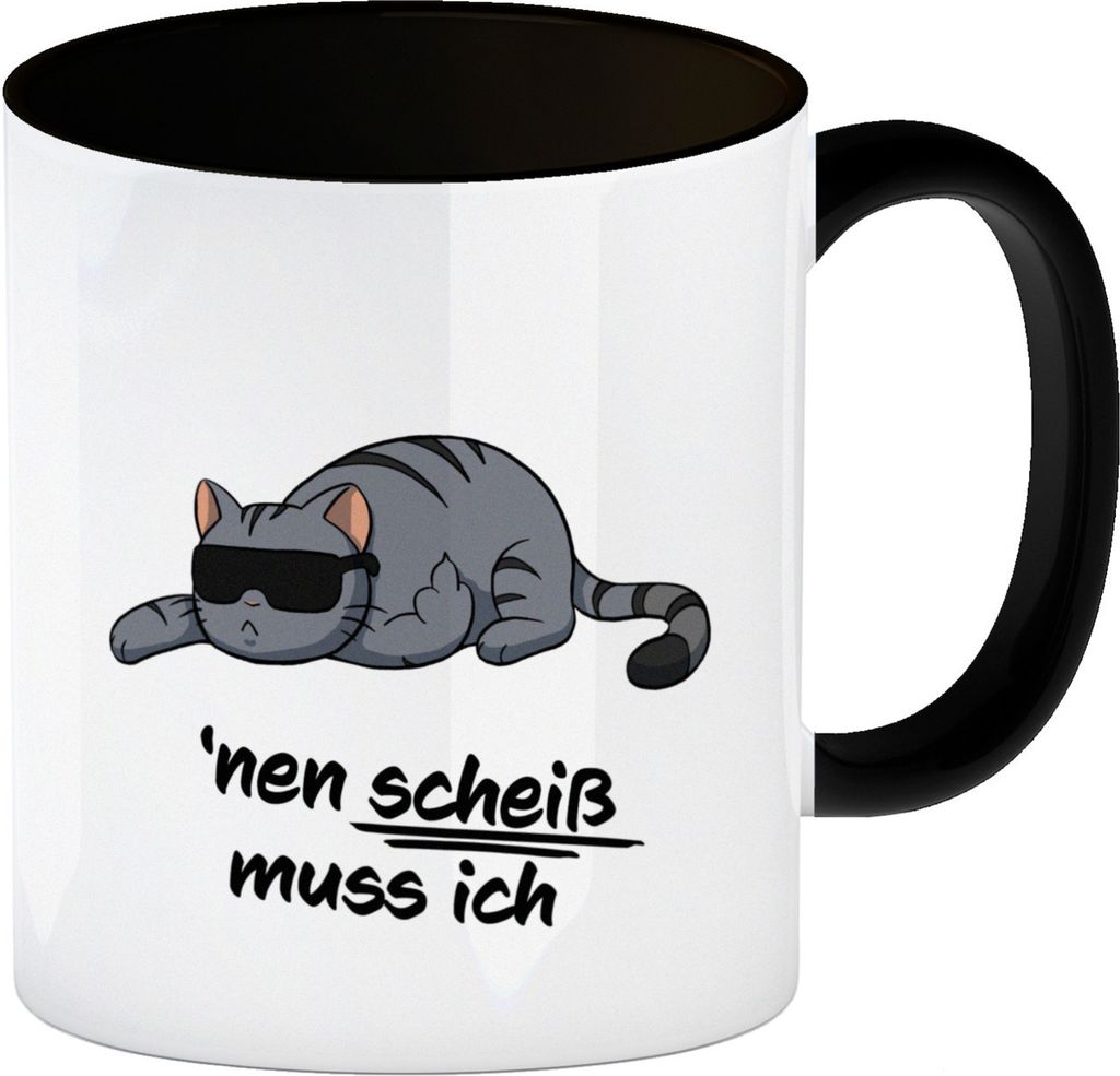 nen Scheiß muss ich Kaffeebecher Schwarz mit coolem Produktbild 