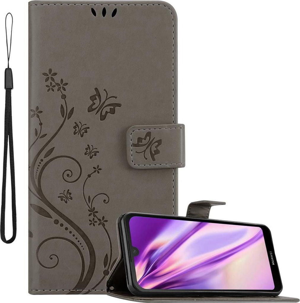 Cadorabo Hülle für Huawei Y6 PRO 2019 Schutz Hülle in Grau Schutzhülle Handy Hülle Etui Case Blumen Flower