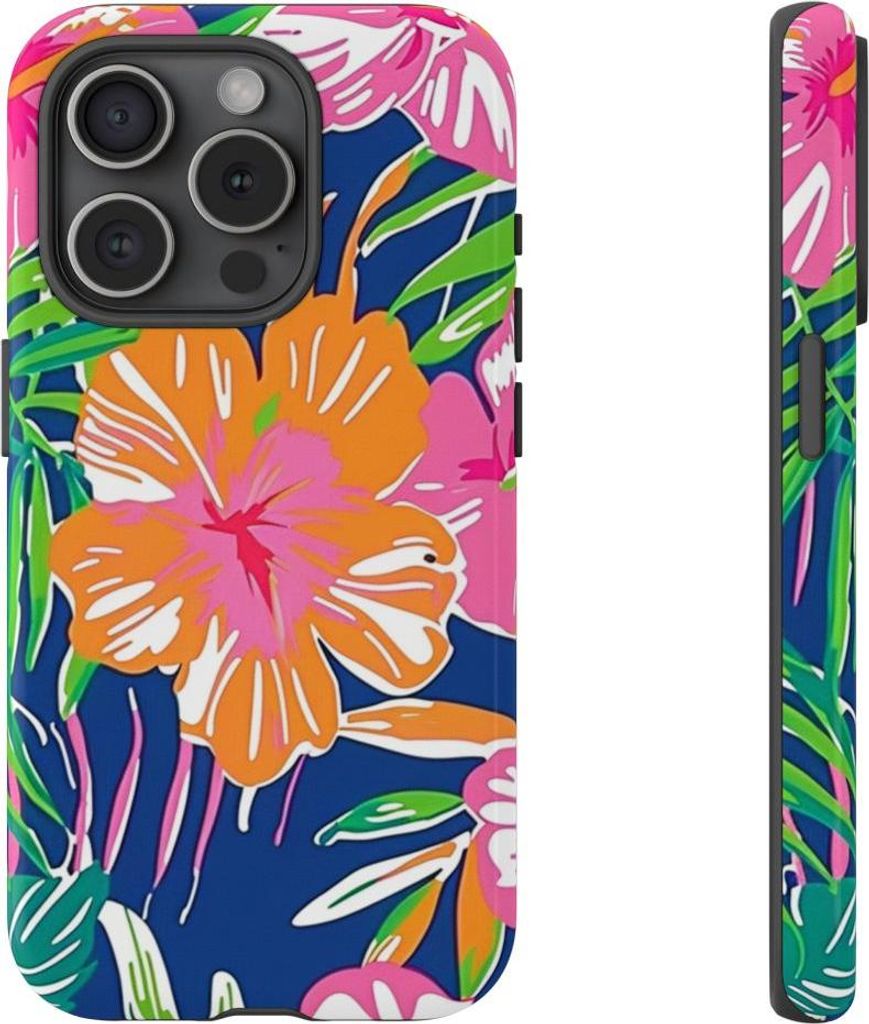 Strahlendes tropisches Blumenmuster – Hülle Kompatibel mit iPhone 15 Pro