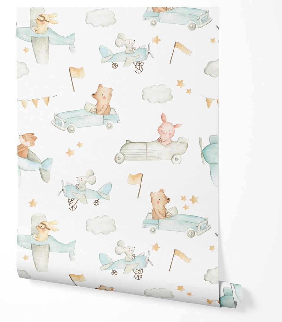 Vliestapete Tiere Autos Flugzeuge Muster Bär Hase Maus Kinderzimmer Schlafzimmer Flur Niedlich Pastell UV-beständige Tapete 10m x 0.5m
