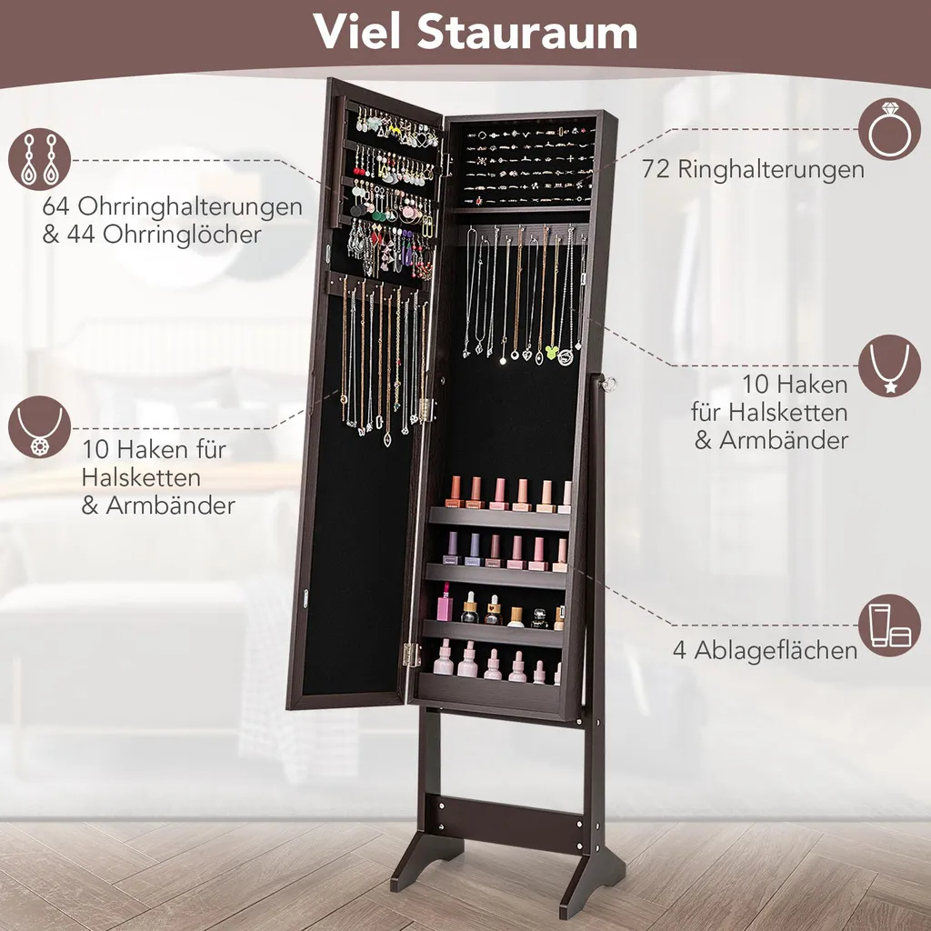 Armoire à Bijoux à Inclinaison Réglable et Miroir Pleine Longueur Marron - 5
