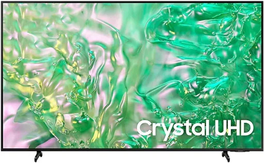 A television screen displaying a green, abstract pattern with the text "Crystal UHD" overlaid.