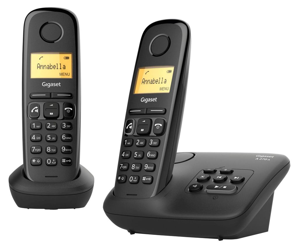 A black Gigaset cordless phone set with two handsets, one on its base station and another separate handset, displayed against a white background.